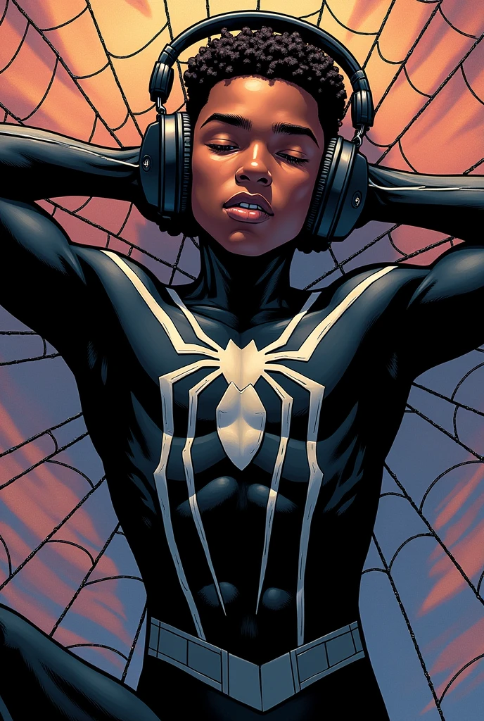 Miles Morales in his black Spiderman suit , comic type , without mask, with his arms behind his head , lying on a spider web and listening to music with big headphones