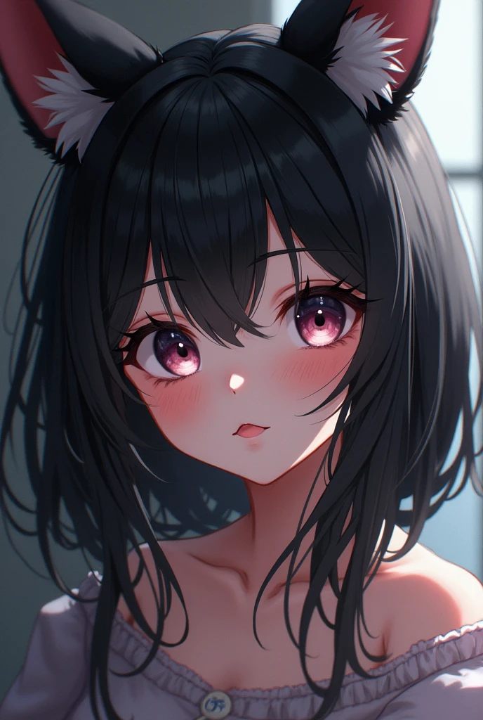 black hair, hair bobbles, wince, longeyelashes, solid circle eyes, fake animal ears, light smile, ear blush, fang, ccurate, Surrealism, drop shadow, anaglyph, stereogram, tachi-e, pov, atmospheric perspective, 8k, super detail, best quality