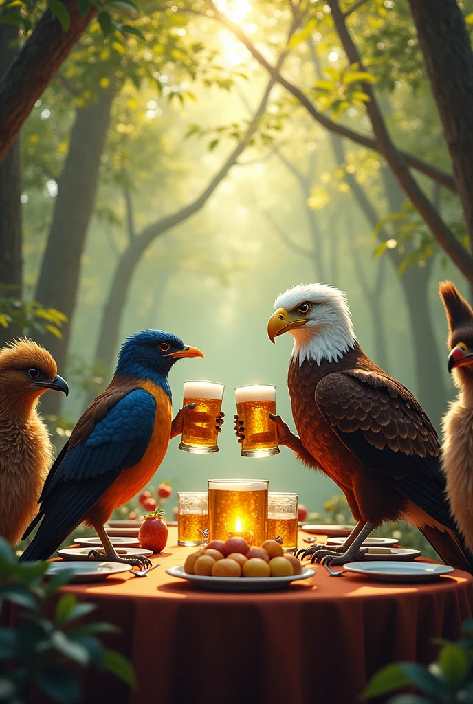Create me an image with content:
A bulbul is clinking beer glasses with an eagle at a banquet with many different kinds of birds in a beautiful forest.