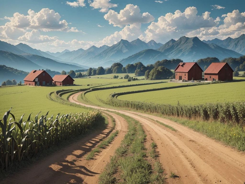 masterpiece of illustration drawing, a dirt path leads from a field of tall corn to a red-roofed farmhouse in the mountains, fresh cloudy sky.