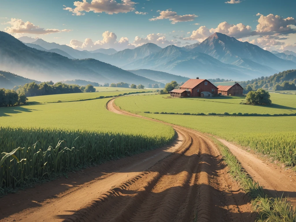 masterpiece of illustration drawing, a dirt path leads from a field of tall corn to a red-roofed farmhouse in the mountains, fresh cloudy sky.