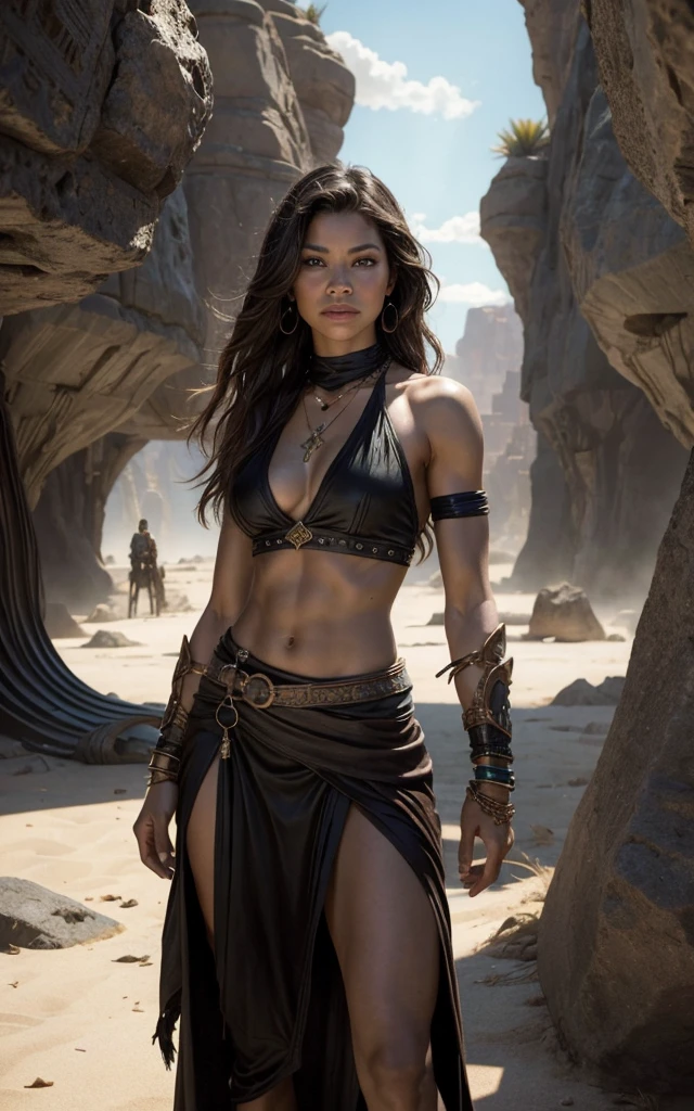 (Zendaya:Evangeline Lilly), Hyborian Age, ancient desert oasis, 10,000 BC, full body, slightly muscular, Beautiful anime waifu style girl, hyperdetailed painting, luminism, art by Carne Griffiths and Wadim Kashin concept art, dark skin, bracelet, solo focus, dark-skinned female, midriff, blurry background, long hair, necklace, cleavage, black hair, skirt, realistic,