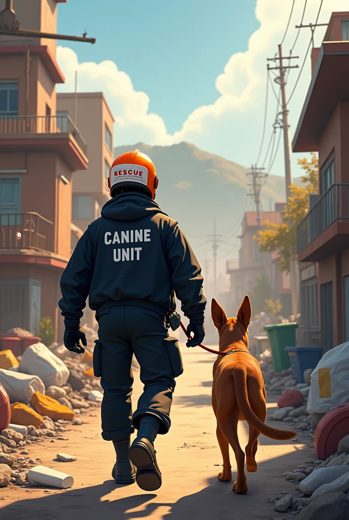 Disney pixar drawing of a rescuer walking towards a waste dump with a malinois dog, the rescuer has a black jacket with the canine unit written acecc Argentina, orange a white helmet with the rescue written.