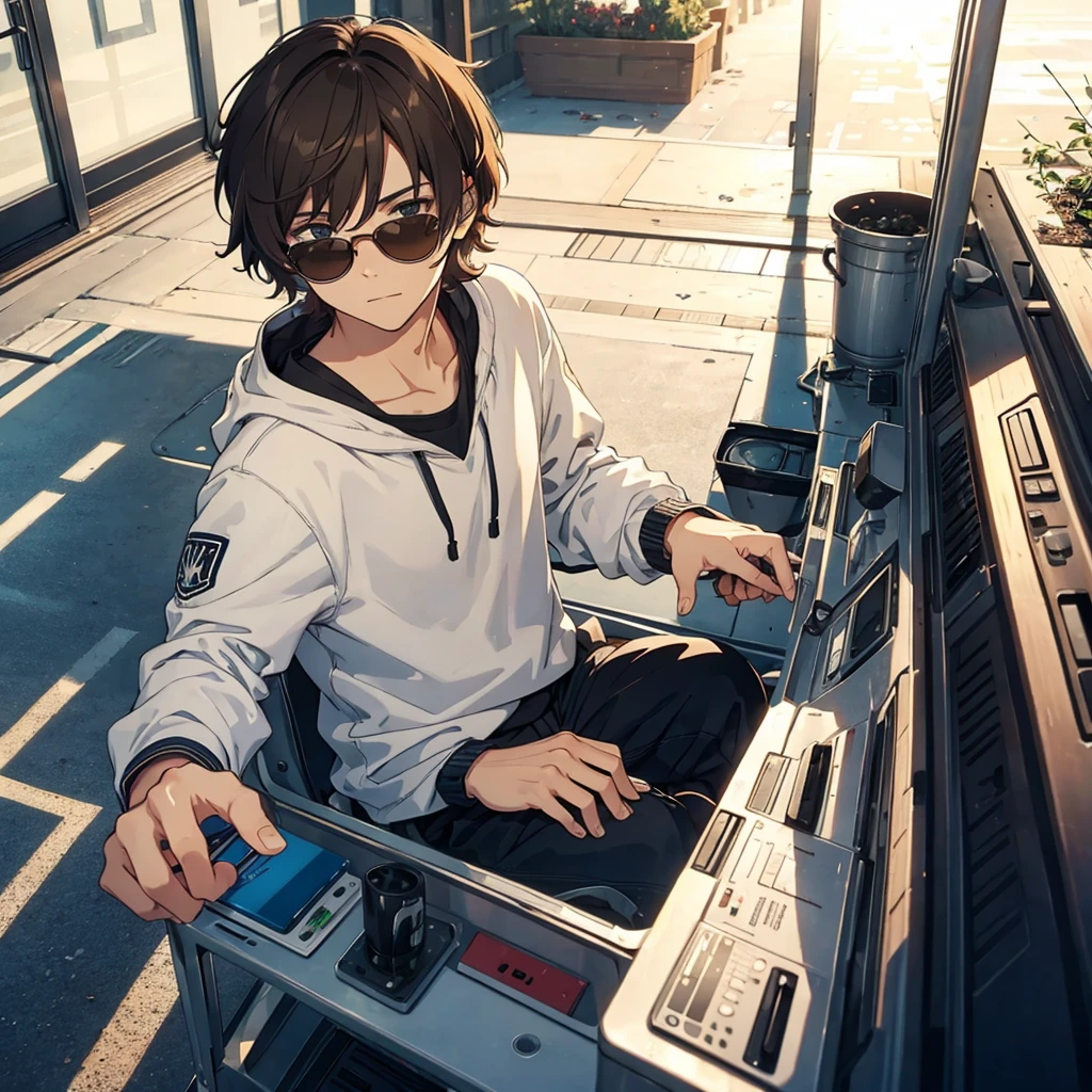 boy, shaggy brown hair, grey headphones, portait, sunglasses, small smile,