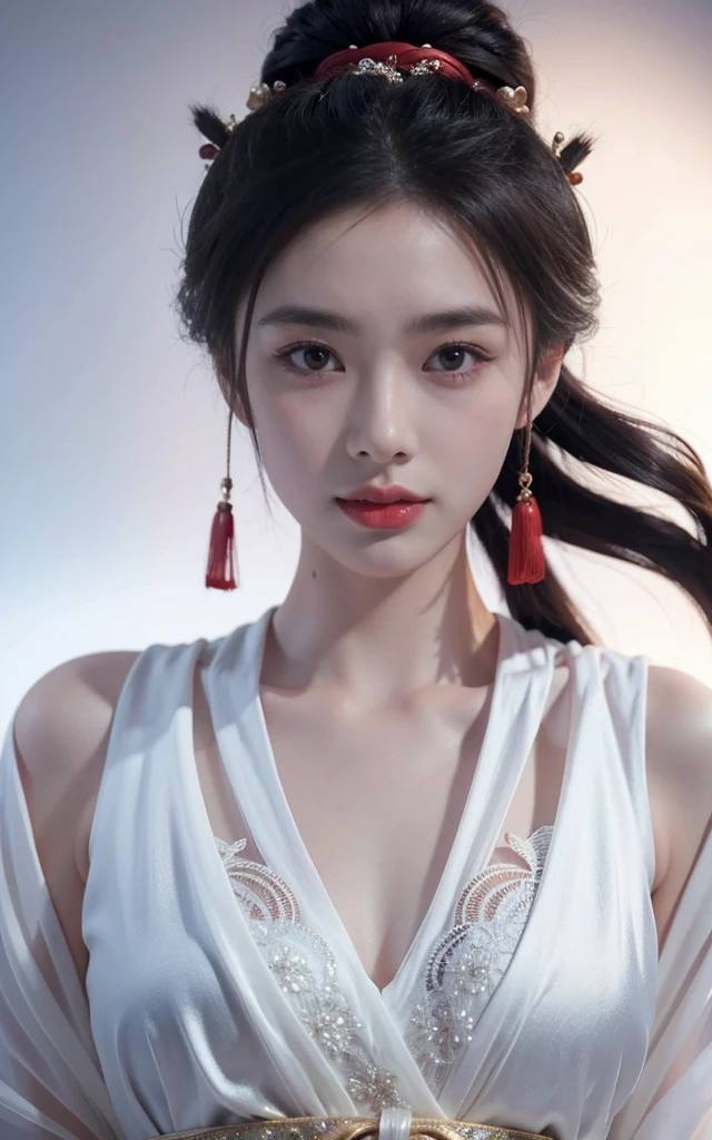 Game Art,Best picture quality,Maximum resolution,8K,((A bust photo)),((portrait)),((Head close-up)),(Rule of Thirds),Unreal Engine 5 rendering works, (Future Girl),(Female Warrior), 22 year old girl,(Ancient Chinese women),(Rainbow hair,Ancient Oriental Hairstyle),((Red pupils:1.3)),(Beautiful eyes full of details),(Large Breasts),(Eyeshadow),Elegant and charming,indifferent,((anger)),(Silk top with ancient Chinese style,Bellyband,The clothes are decorated with Chinese patterns,The sparkle of jewelry,White),(These clothes are made of silk.:1.5),number,Fantasy style, Photo poses,City background,Movie Lighting,Ray Tracing,Game CG,((3D Unreal Engine)),OC rendering reflection mode