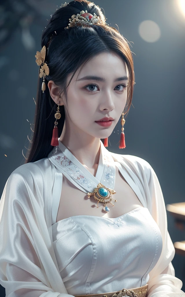 Game Art,Best picture quality,Maximum resolution,8K,((A bust photo)),((portrait)),((Head close-up)),(Rule of Thirds),Unreal Engine 5 rendering works, (Future Girl),(Female Warrior), 22 year old girl,(Ancient Chinese women),(Rainbow hair,Ancient Oriental Hairstyle),((Red pupils:1.3)),(Beautiful eyes full of details),(Large Breasts),(Eyeshadow),Elegant and charming,indifferent,((anger)),(Silk top with ancient Chinese style,Bellyband,The clothes are decorated with Chinese patterns,The sparkle of jewelry,White),(These clothes are made of silk.:1.5),number,Fantasy style, Photo poses,City background,Movie Lighting,Ray Tracing,Game CG,((3D Unreal Engine)),OC rendering reflection mode
