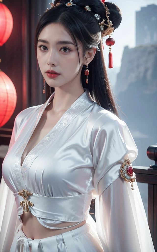 Game Art,Best picture quality,Maximum resolution,8K,((A bust photo)),((portrait)),((Head close-up)),(Rule of Thirds),Unreal Engine 5 rendering works, (Future Girl),(Female Warrior), 22 year old girl,(Ancient Chinese women),(Rainbow hair,Ancient Oriental Hairstyle),((Red pupils:1.3)),(Beautiful eyes full of details),(Large Breasts),(Eyeshadow),Elegant and charming,indifferent,((anger)),(Silk top with ancient Chinese style,Bellyband,The clothes are decorated with Chinese patterns,The sparkle of jewelry,White),(These clothes are made of silk.:1.5),number,Fantasy style, Photo poses,City background,Movie Lighting,Ray Tracing,Game CG,((3D Unreal Engine)),OC rendering reflection mode