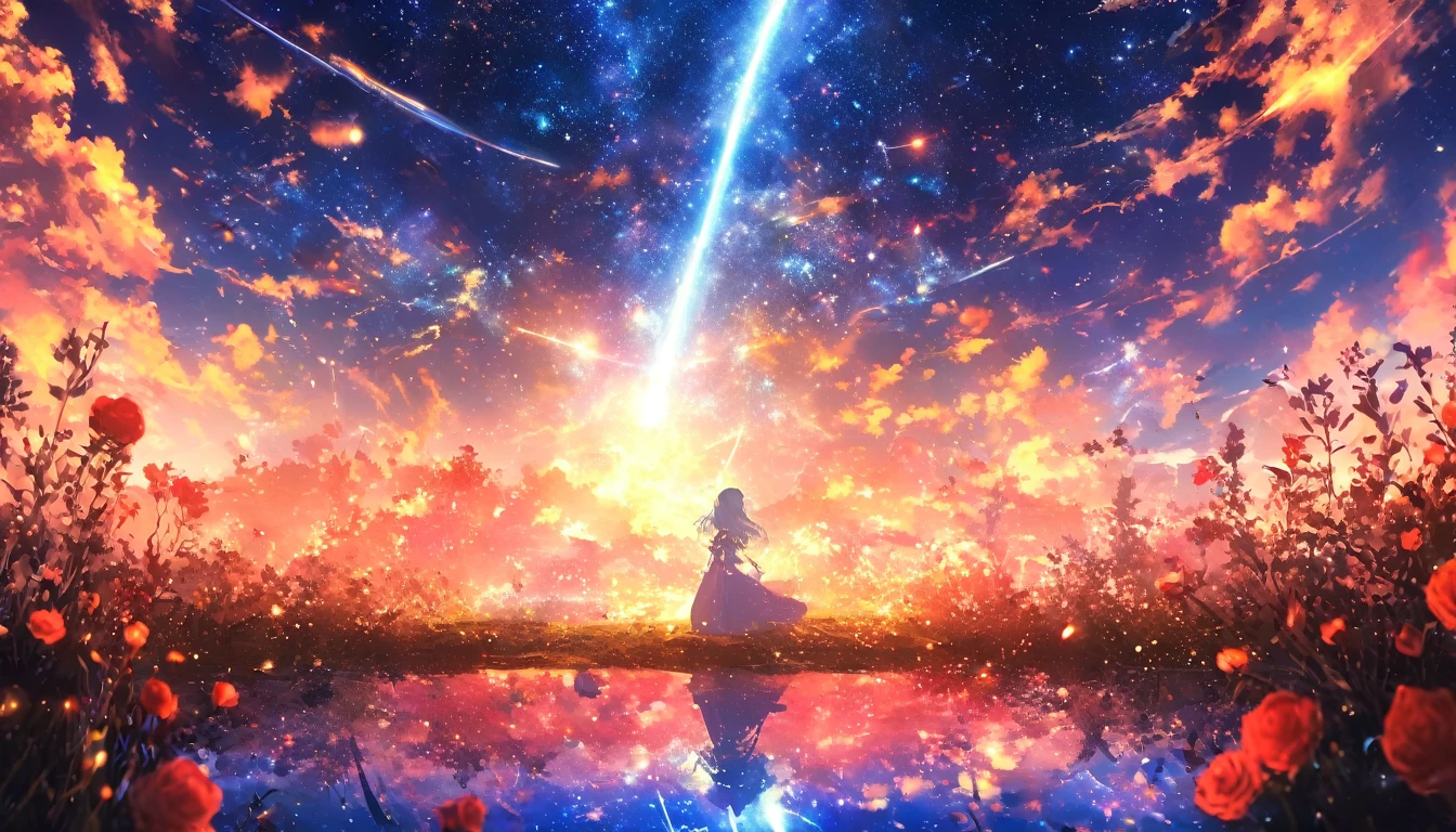 masterpiece, Concept Art, Panorama, in the center, shape, Wide Shot, garden, night, (meteor), Space galaxy background, (Great composition, Epic Scale), Dynamic Lighting, Bright colors, Blue rose,Landscape Long Eyelashes, Round eyes, Silver Hair, Half-closed eyes, sad, Cast a Shadow, Anaglyph, Stereogram, tachi-e, Atmospheric perspective, Wide Shot, reflected light, 8k, Super Detail, Highest quality, Anatomically correct