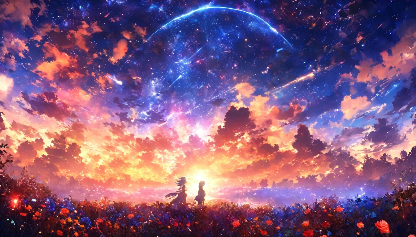 masterpiece, Concept Art, Panorama, in the center, shape, Wide Shot, garden, night, (meteor), Space galaxy background, (Great composition, Epic Scale), Dynamic Lighting, Bright colors, Blue rose,Landscape Long Eyelashes, Round eyes, Silver Hair, Half-closed eyes, sad, Cast a Shadow, Anaglyph, Stereogram, tachi-e, Atmospheric perspective, Wide Shot, reflected light, 8k, Super Detail, Highest quality, Anatomically correct