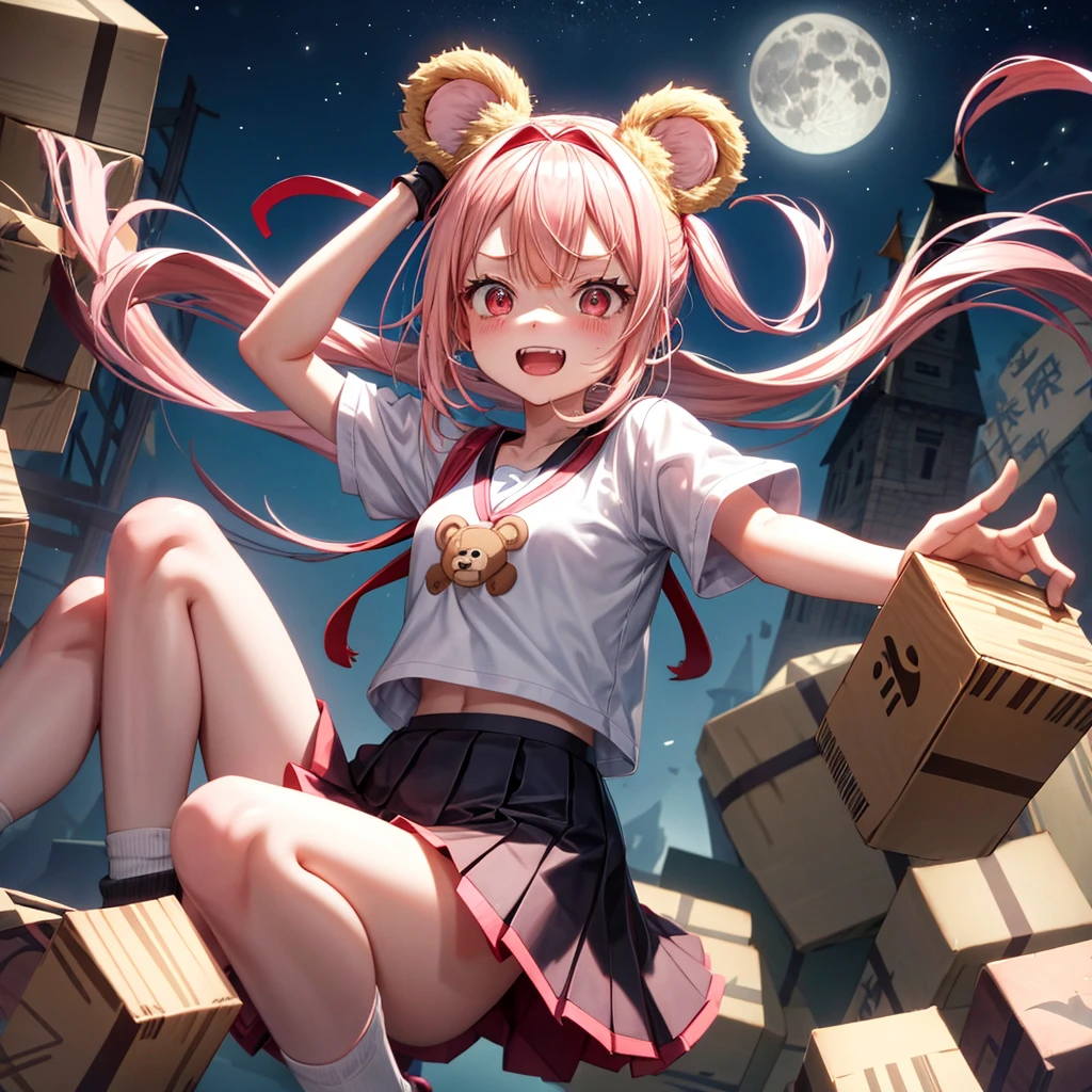 Pink Blonde、Red eyes、Hair tied up、One cute girl、solo、Checked mini skirt、black t-shirts、one piece、cardigan、Knee-high socks、bear ears baseball cap、Burning Full Moon、The tree is dead、Electric spectaculars、Cardboard boxes are piled up、Teeth are visible、Monster Castle、Tilting face、Starry Sky、A teddy bear is jumping