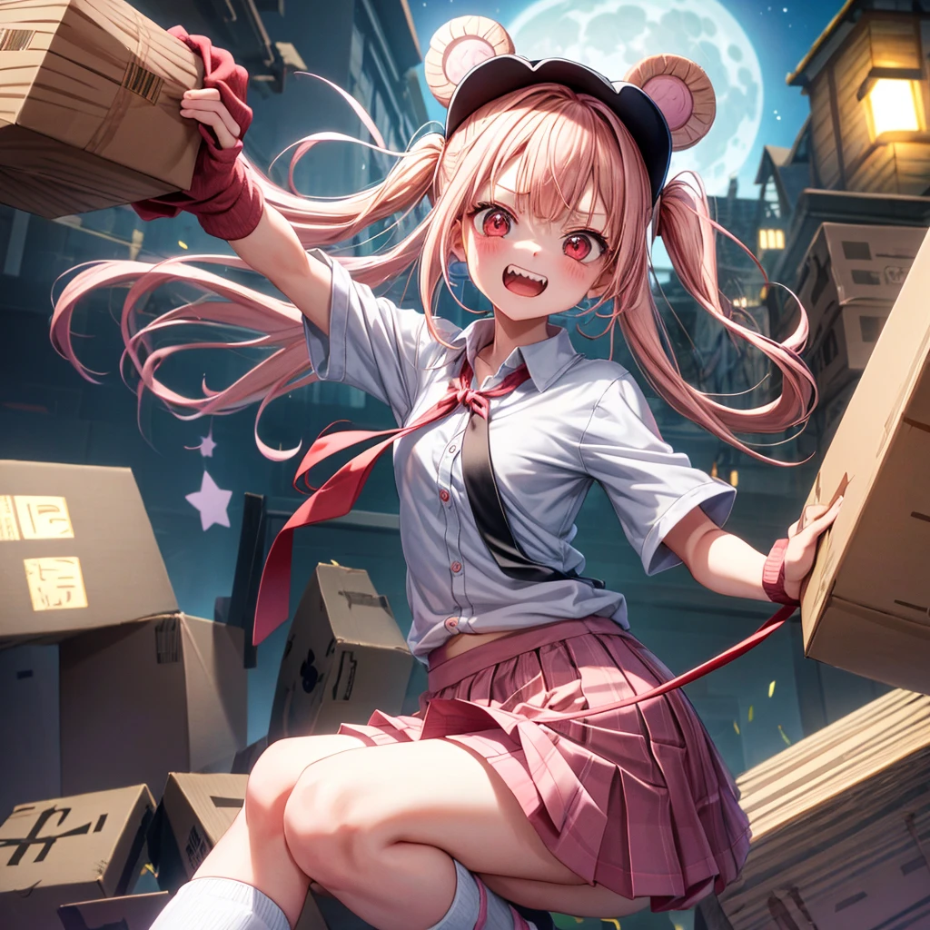 Pink Blonde、Red eyes、Hair tied up、One cute girl、solo、Checked mini skirt、black t-shirts、one piece、cardigan、Knee-high socks、bear ears baseball cap、Burning Full Moon、The tree is dead、Electric spectaculars、Cardboard boxes are piled up、Teeth are visible、Monster Castle、Tilting face、Starry Sky、A teddy bear is jumping