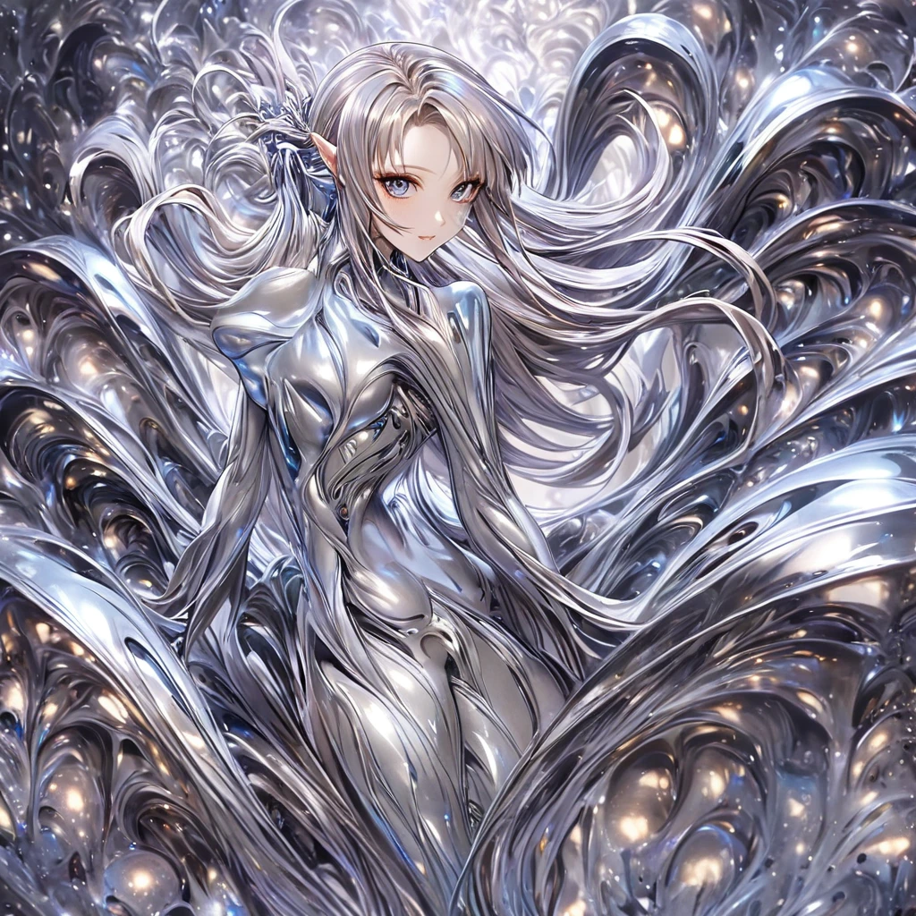 ((Highest quality)), ((masterpiece)), (detailed), (Perfect Face)、The woman is a completely metallic alien named Yuuki Asuna, with metallic silver skin, a metallic silver face, and metallic silver hair in medium-long layers.、The woman is a beautiful metallic alien lifeform, with a metallic face and body.