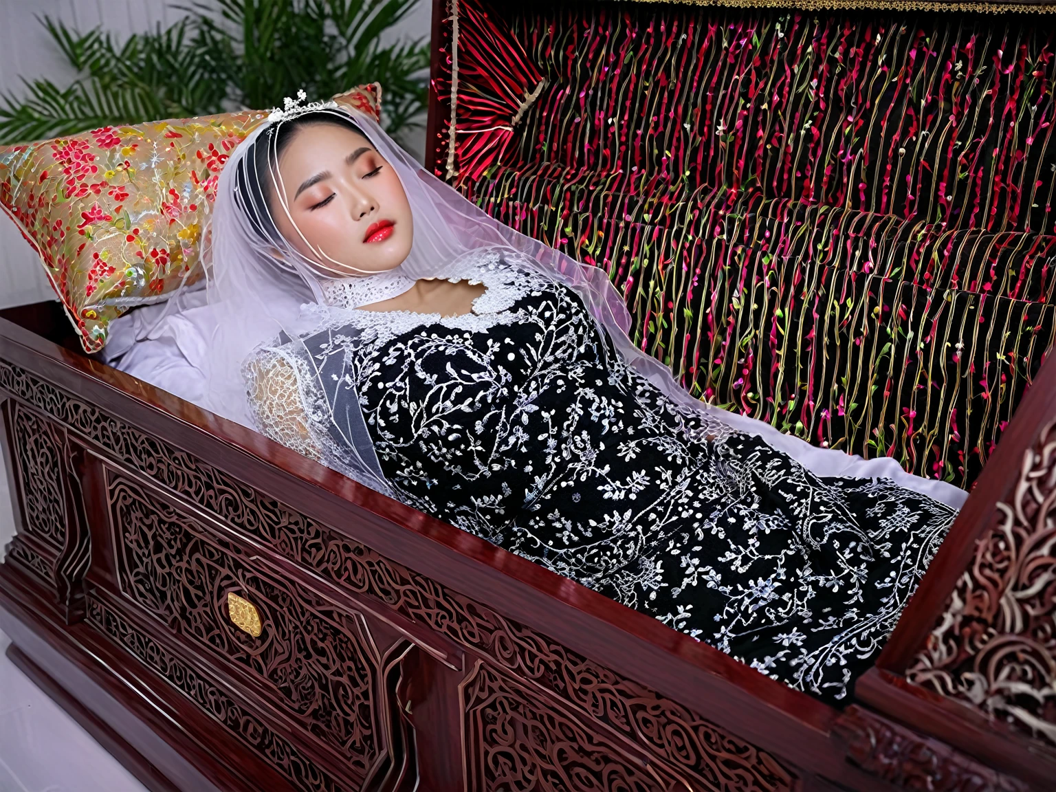 In a striking 8K HDR scene, a stunning Korean woman, 22 years old, lies peacefully in a long coffin and coffin lid beside the dead body. surrounded by plush pillows behind head. The deep box is set against a rich white background, accentuating the beauty of the subject. Her exquisite deep-V neckline kebaya attire is embroidered with superb detail, showcasing her round and firm breasts, perfect cleavage, and beautiful eyebrows. Her closed eyes and mouth give an air of serenity, while her visible and absolute cleavage leave nothing to imagination. The scene is bathed in saturated colors, highlighting every intricate aspect from the ball skirt to her clean face, straight body, detailed hand perfect hands, straight body, own hands together, own hand on stomach, detailed hands, perfect hands, holding the flowers, interlocked fingers