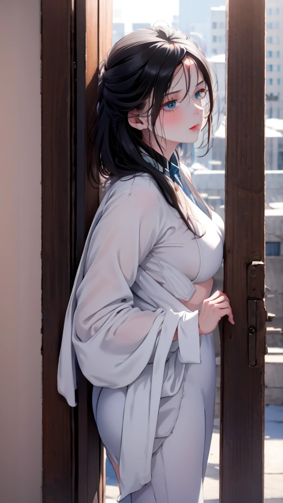 1 girl, medium light black hair, light blue eyes, wearing white suit , city, 18+, high res, ultrasharp, 8K, masterpiece, looking from behind