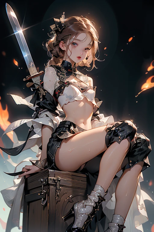 (((masterpiece, Highest quality, Very detailed))), (Female knight of the occult cult), ((((The blade has a digital glitch effect、A sword that seems to rapidly flicker out of reality, Similar to the gravitational lensing effect、There is a slight distortion effect around。, Floating next to her)))), Edward/Victorian inspiration, ((Simple yet beautiful armor)), Fluttery lace flared dress with frilly petticoat, ((((Very detailed顔))), (((Very sharp focused eyes))), Very long eyelashes, Small breasts, (((Flat Chest:1.1))), Occult Aesthetics, (The red and white outfit is detailed and intricate steampunk and gothic), Intricate lace boots,topless,String panties,A Sword with a Self,A beautiful sword adorned with flames,Raise your legs、Looking up from below、Sweat、Peeing、mesh bra