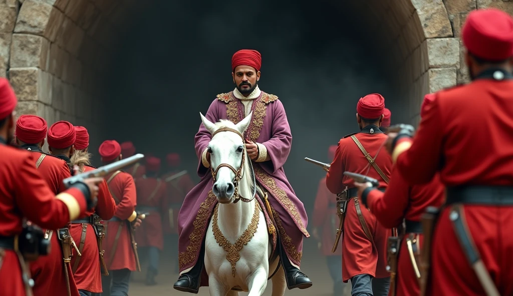 18th century Tipu Sultan of Mysore with bald head clean shaven head and face with imperial moustache wearing a silky red turban silky thin violet flower designed coat and white gown holding a turkish arched steel sword on right hand riding a white horse surrounded by his soldiers with red turbans and ash violet woollen coats emerging from a 8 feet dark stone arched Indian tunnel charging towards the British soldiers in red uniform who are targeting and firing with muskets in cinematic UHD landscape resolution

