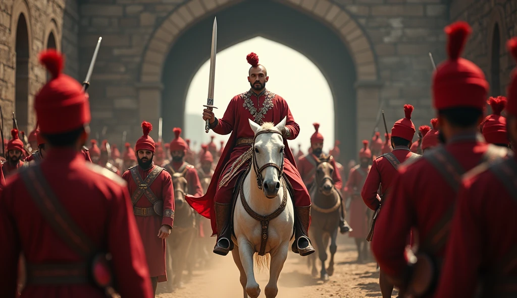 18th century Tipu Sultan of Mysore with bald head clean shaven head and face with imperial moustache wearing a silky red turban silky thin violet flower designed coat and white gown holding a turkish arched steel sword on right hand riding a white horse surrounded by his soldiers with red turbans and ash violet woollen coats emerging from a 8 feet dark stone arched Indian tunnel charging towards the British soldiers in red uniform who are targeting and firing with muskets in cinematic UHD landscape resolution