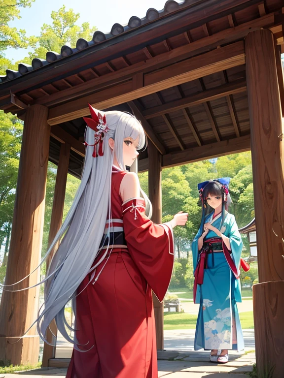 Two beautiful girls、Shrine maiden、Shrine maiden服、Kagura dance、dedication、shrine、Silver Hair、Jade green eyes