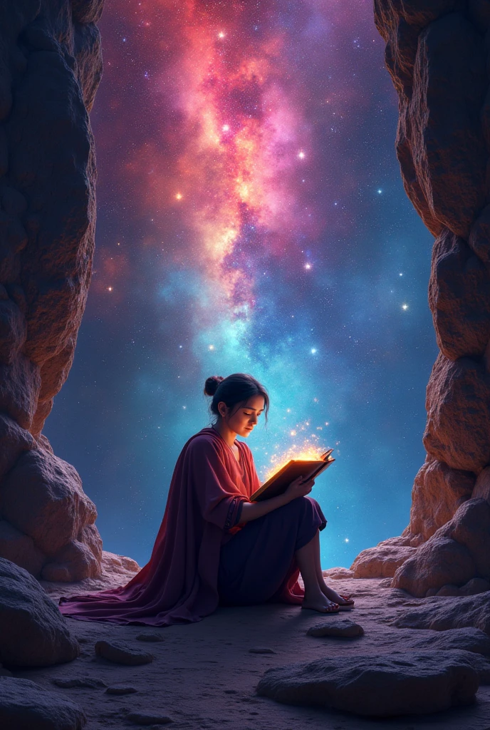 a  sitting in the stele and reading a colored shining book, rainbow colored cosmic nebula sky background, stele, galaxies