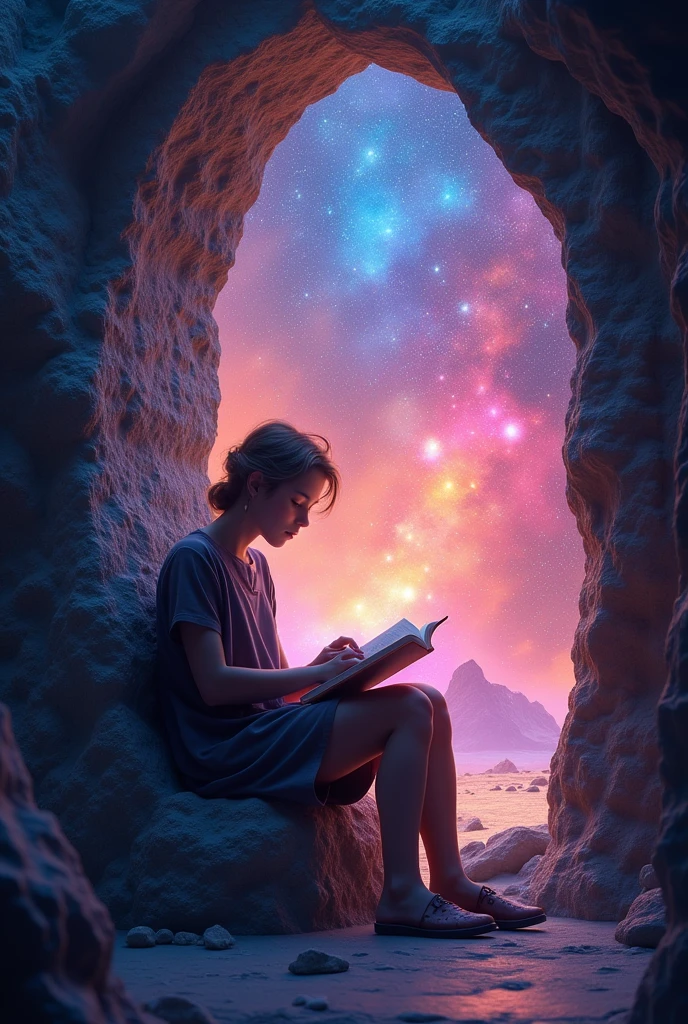 a sitting in the stele and reading a colored shining book, rainbow colored cosmic nebula sky background, stele, galaxies