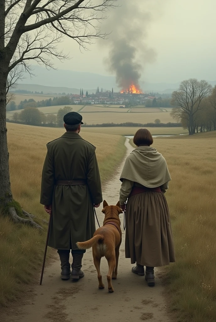 A peasant gentleman , A peasant woman and a dog walking with their backs turned to a small town that is under armed violence