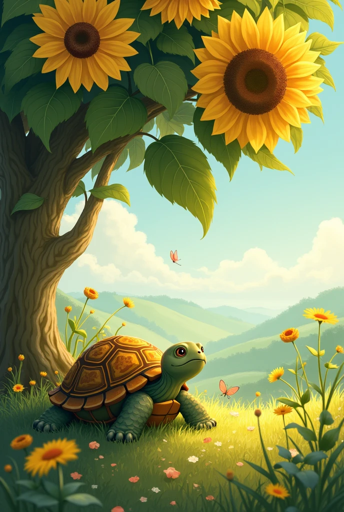 Turtle sitting under the sunflower tree ghibli