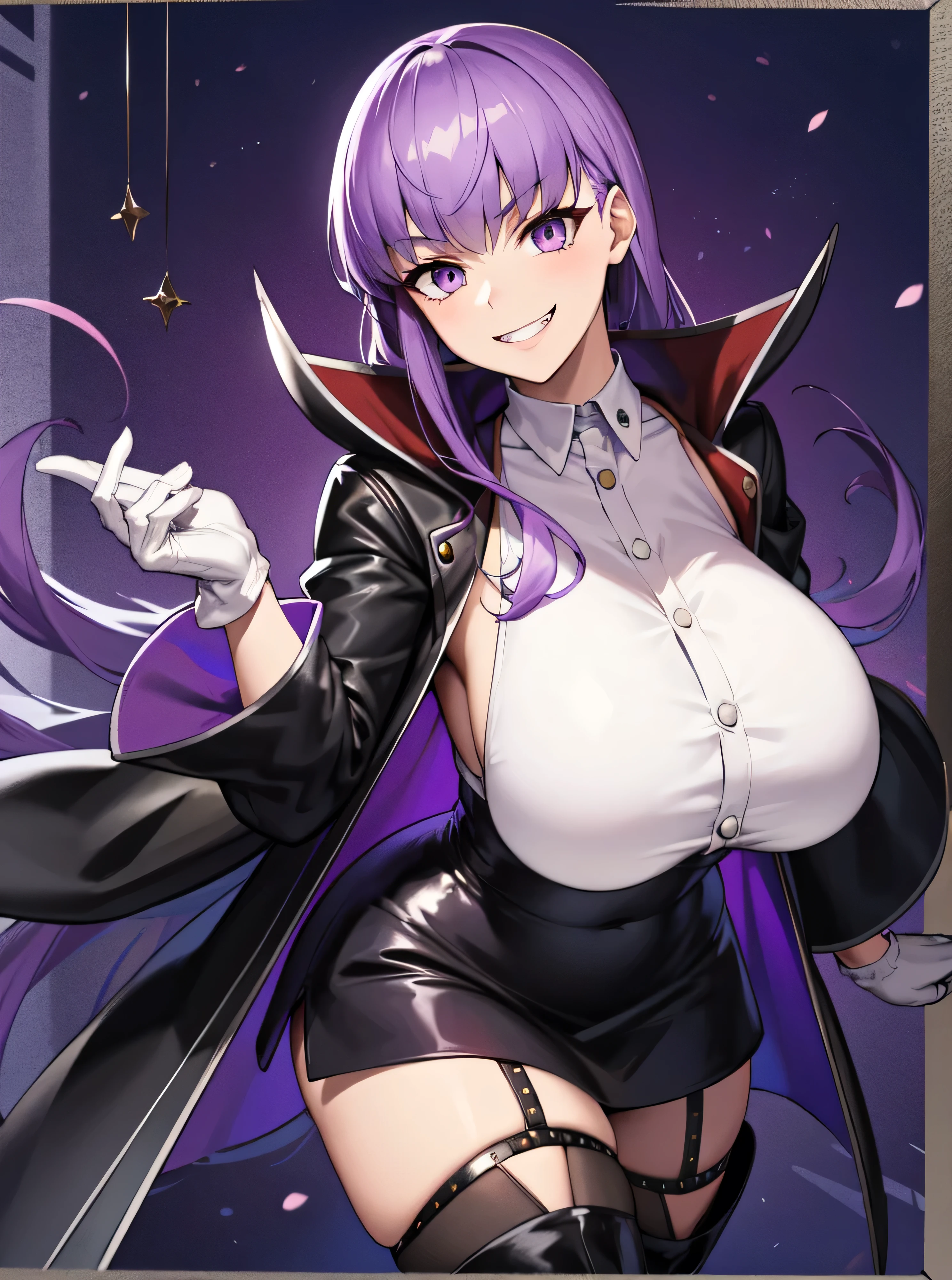 Isoscale, Mid Shot, night, ,,, Purple Hair, Black jacket, White shirt, Black Skirt, Red ribbon, Big Breasts, Purple eyes, White gloves, Long Hair, Large collar, Wicked Smile,Grin,Thigh-high boots,(Wicked Smile:1.3),Highly detailed CG Unity 8K wallpapers, Perfect lighting,smile,最もWicked Smile,too evil Grin,Looking down at the viewer,,Bad smile,,Such a wicked smile,Black and purple world background,deep shaded face(eyes in shadow),solo,