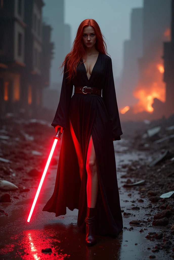 (full body shot:1) photorealistic image of a (standing pose:1) ultrarealistic, photography, long red hair, woman, 24 years old, hourglass figure, perfect body, seductive look, natural medium breasts, blur background, in complete darkness, she is wearing a sith robe, she is holding a red lightsaber, the lightsaber is the only lightsource, on a dark destroyed spacestation, it is raining, there is lightning in the background, she is walking towards the camera, explosion in the background, long sexy legs