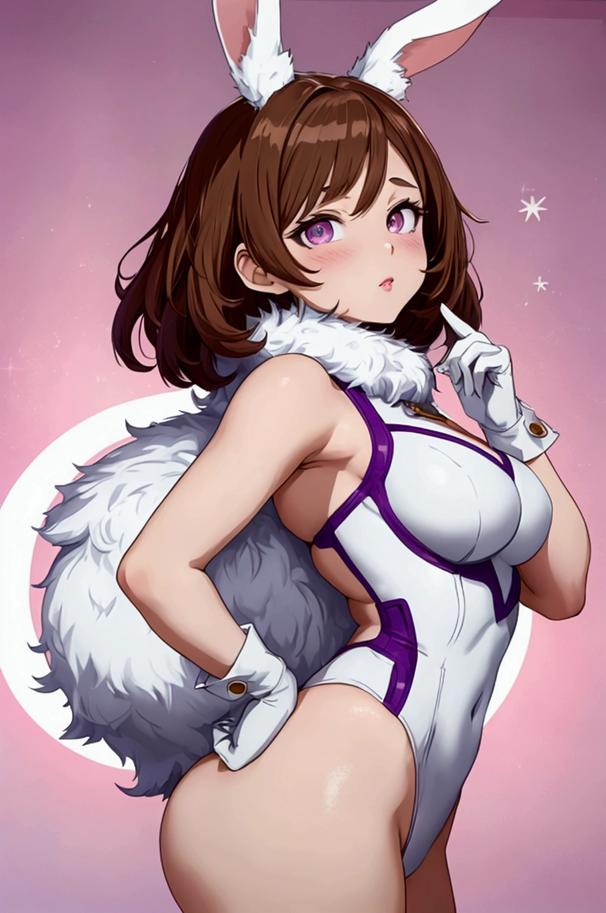 Ochaco Uraraka, 1girl, anime, hair cafe, short hair, y, big aass (best quality: 1.3), (4K quality), best quality, high resolution, detailed, (detailed face: 1.2), (detailed eyes: 1.2) , (Figure perfect: 1.2), looking at viewer, (1 girl), boku no hero academia, rabbit ears, woman)), sleeveless, white gloves, white leotard, fur collar, purple thighs, white background, leotard white, mirko costume, big assack