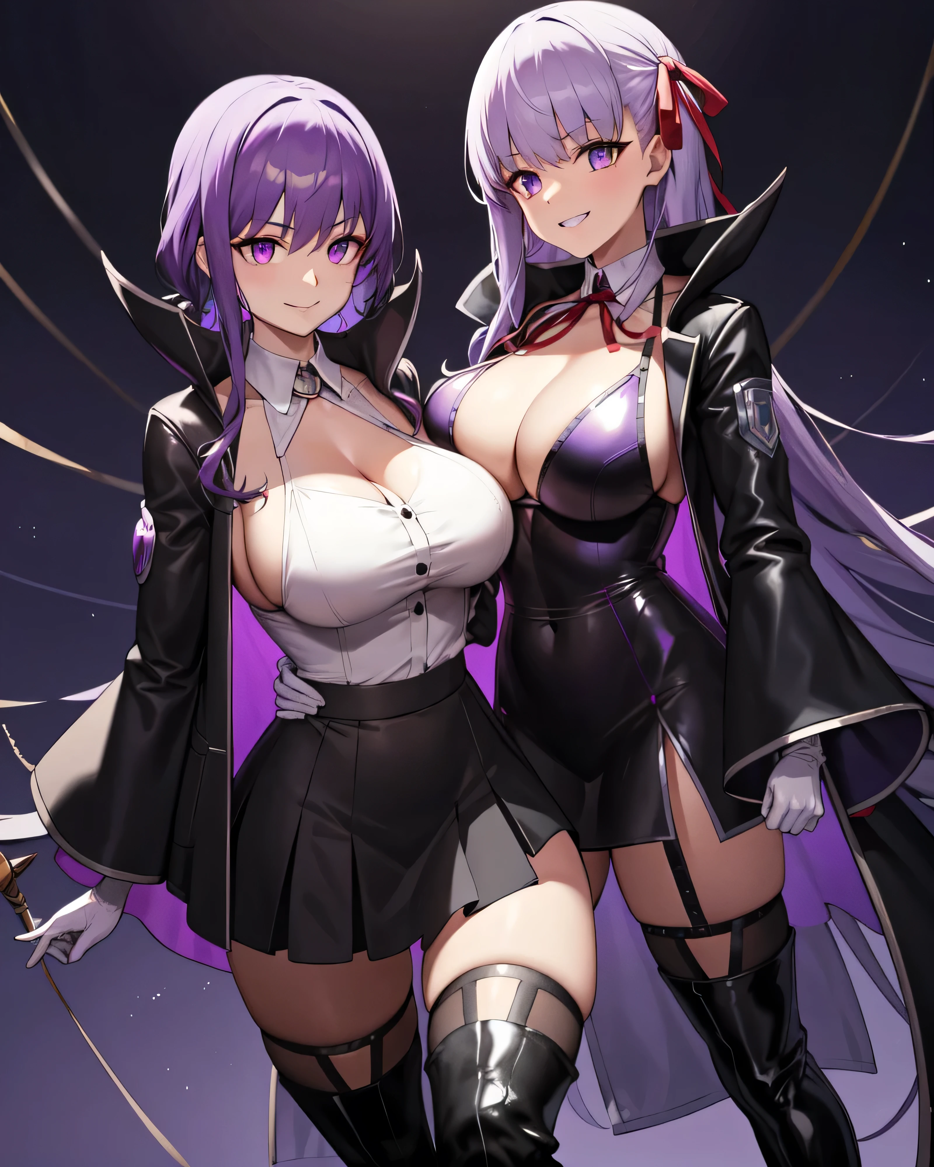  Isoscale, Mid Shot,  night, ,,, Purple Hair, Black jacket, White shirt, Black Skirt, Red ribbon, Big Breasts, Purple eyes, White gloves, Long Hair, Large collar, Wicked Smile,Grin,Thigh-high boots,(Wicked Smile:1.3),Highly detailed CG Unity 8K wallpapers, Perfect lighting,,Looking down at the viewer,,Anxious smile,Black and purple world background,deep shaded face(eyes in shadow),solo,yandere