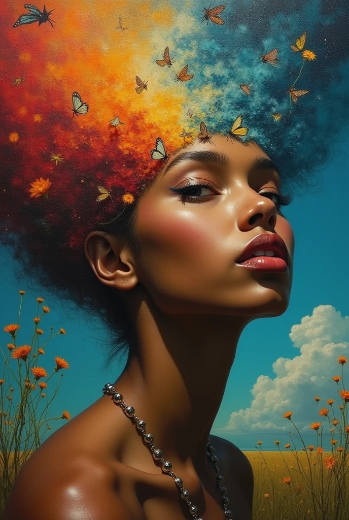 I am the last surrealist painting that exists on this planet, the last work of art that represents a beautiful woman of different races full of hope wrapped in an unreal world full of strange things., The message I want to leave is that art once existed , real very real , 24k unique piece rule of thirds cinema lighting finishes like photoshop and colors of a work of art great depth of field difference of 3d planes