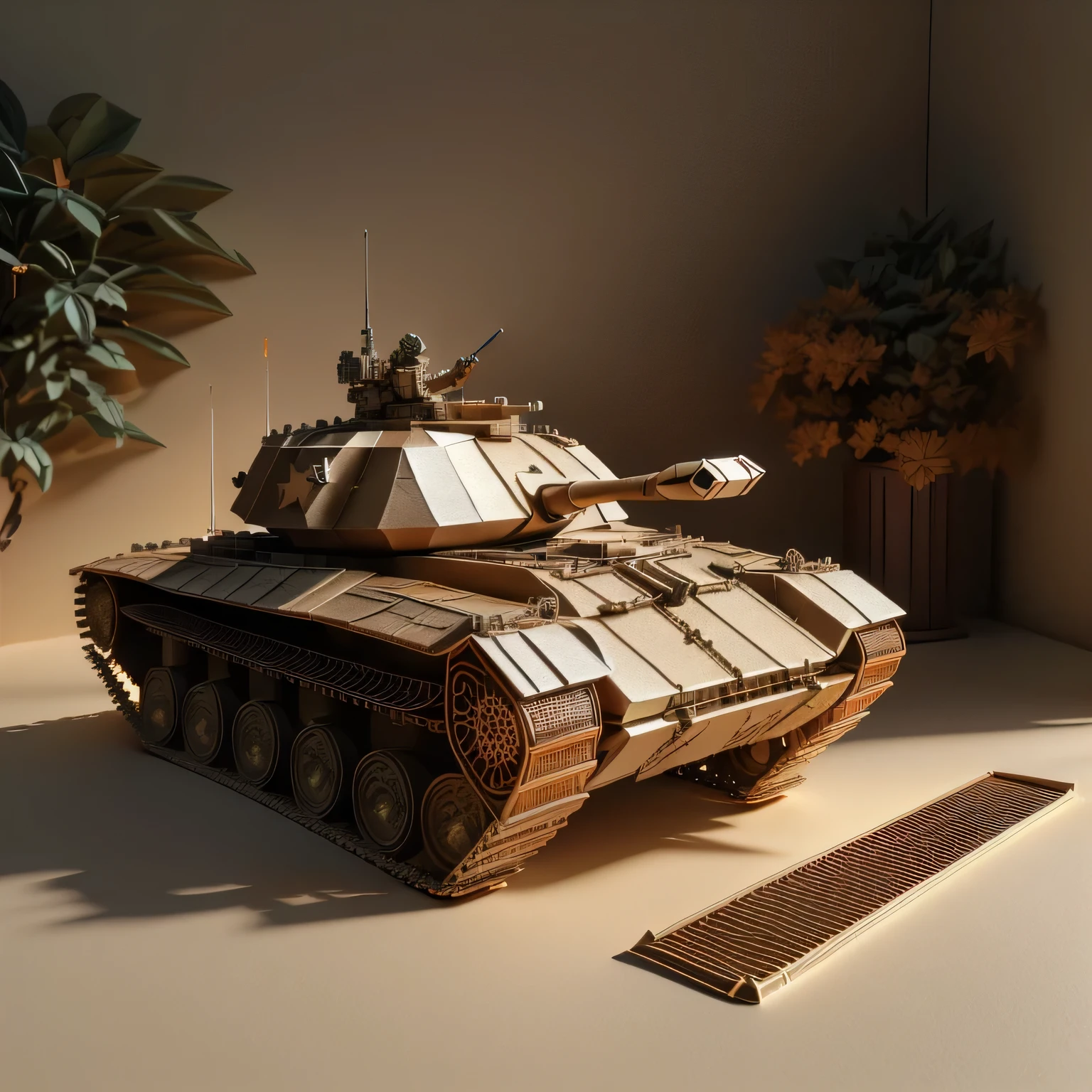 (masterpiece, best quality, 8k, high detailed, ultra-detailed, super realistic, photo realistic), A paper carving armored tank, toy model, warm color pallet, no humans, indoors, on table, professional lighting