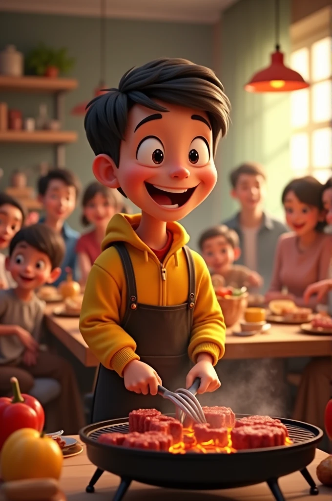 Pixar type image , A boy with a yellow jacket and black pants and his kitchen apron grilling meat and lots of choclitos cheering on the many people at tables and with lights
