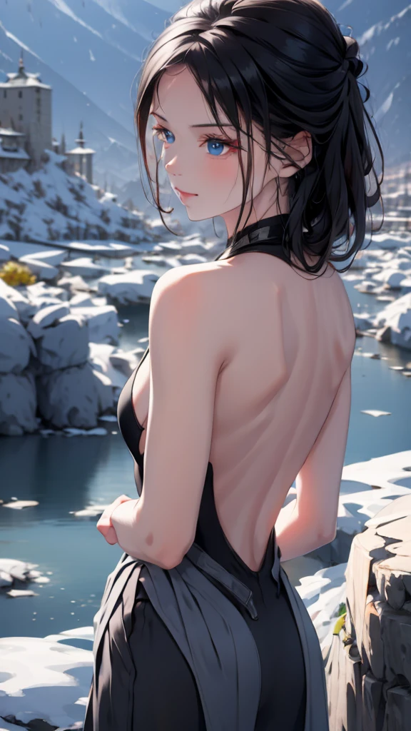 1 girl, medium light black hair, light blue eyes, wearing black suit , city, high res, ultrasharp, 8K, masterpiece, looking from behind