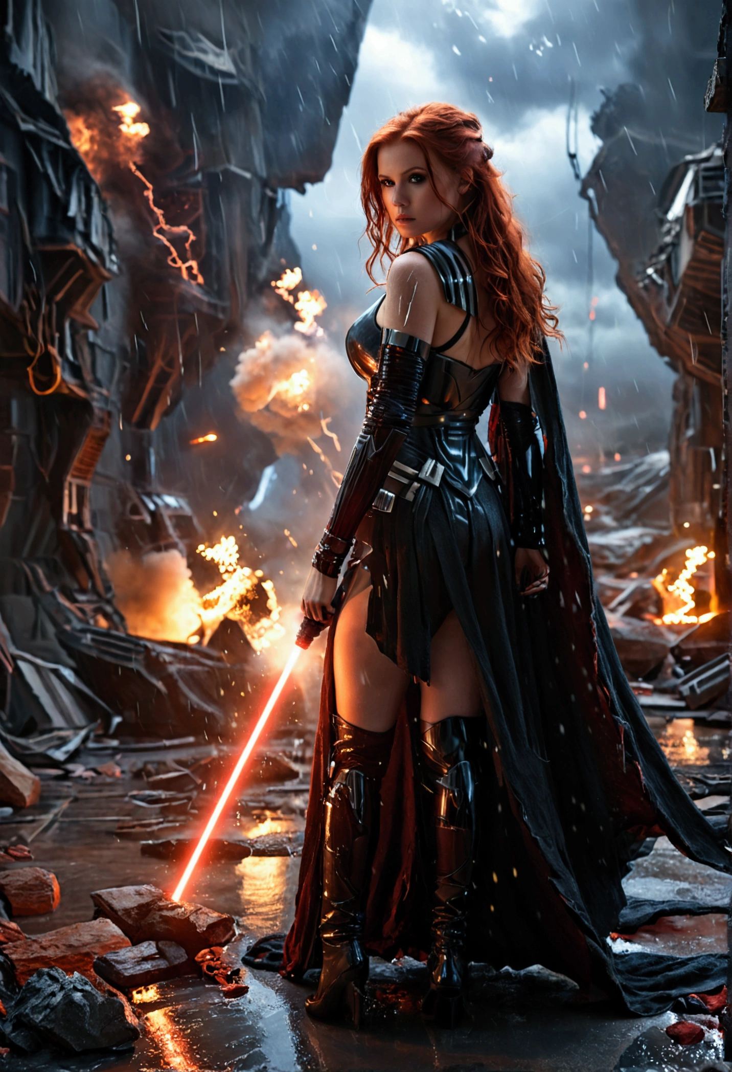 (full body shot:1) photorealistic image of a (standing pose:1) ultrarealistic, photography, long red hair, woman, 24 years old, hourglass figure, perfect body, seductive look, natural medium breasts, blur background, in complete darkness, she is wearing a sith robe, she is holding a red lightsaber, the lightsaber is the only lightsource, on a dark destroyed spacestation, it is raining, there is lightning in the background, she is walking towards the camera, explosion in the background, long sexy legs