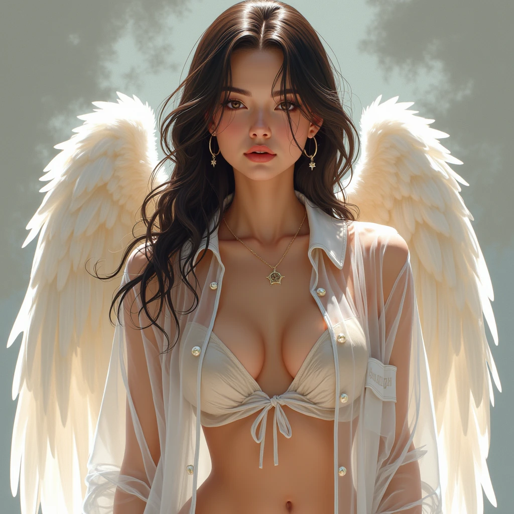 (masterpiece, best quality:1.2), 1girl, solo, transparent coat, sexy angel, realistic, beautiful