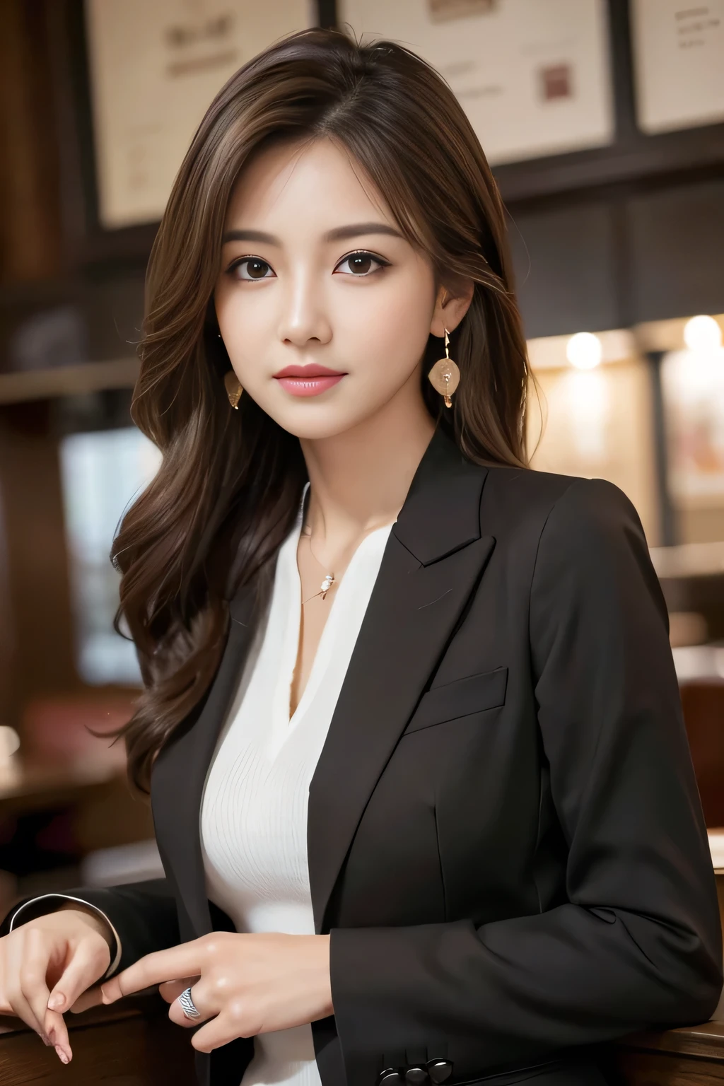 masterpiece, Highest quality, Realistic, Very detailed, Finer details, High resolution, 8k wallpaper, One beautiful woman, Wear casual business attire, In a great restaurant, At night, Light brown messy hair, Perfect dynamic composition, Beautiful and beautiful eyes、Big earrings