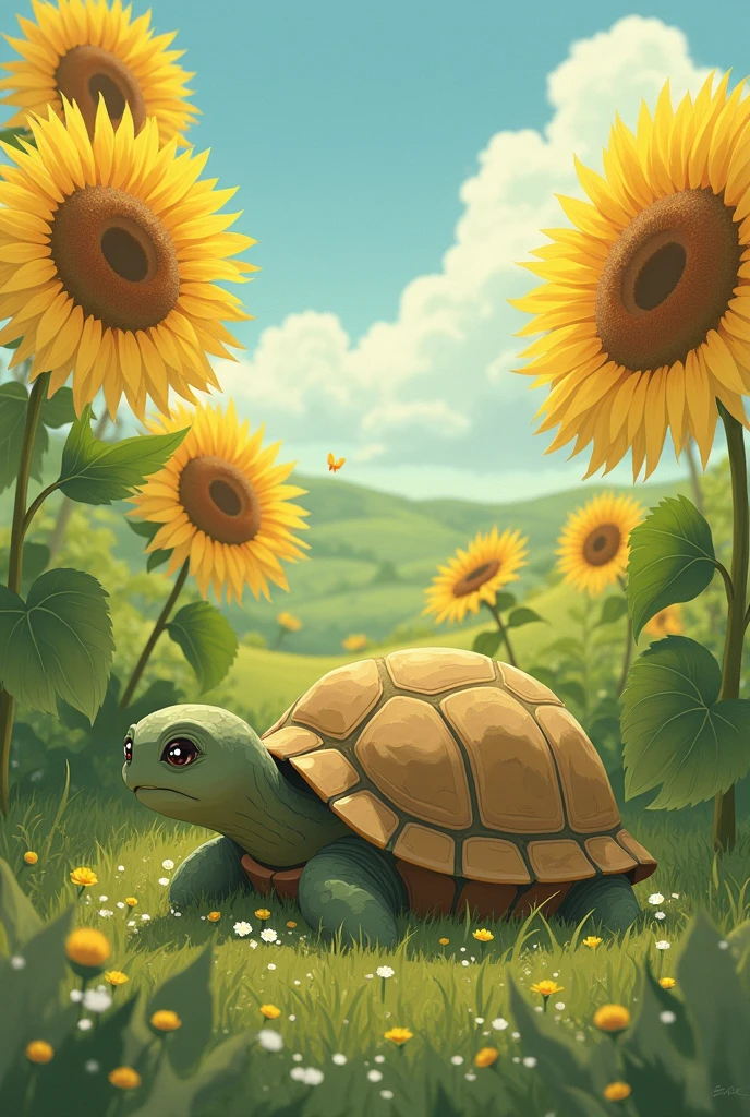 The turtle sitting under the sunflowers ghibli version
