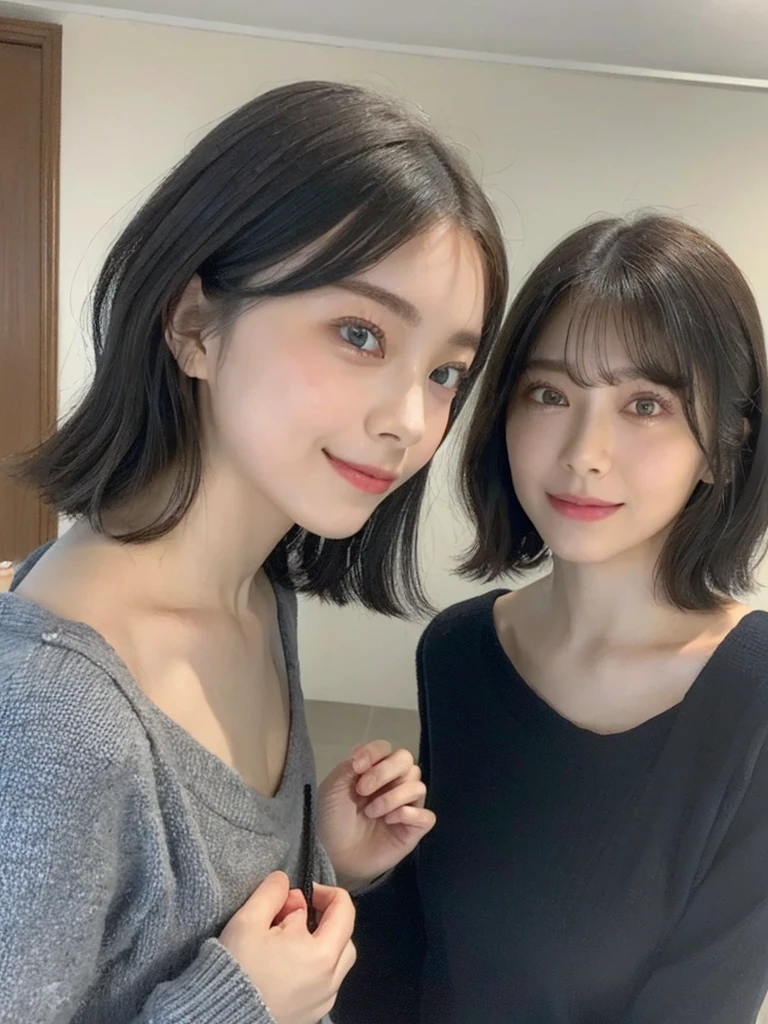 (masterpiece:1.3), (8k, Photoreal, Raw photo, best image quality: 1.4), Japanese high school girl、(random hairstyle:1.2)、cleavage:1.5、super detail face、eye for details、double eyelid、chest to chest、sharp focus:1.2、Beautiful woman:1.4、light brown hair、highest quality、masterpiece、超A high resolution、(Photoreal:1.4)、Highly detailed and professionally lit smiles、loose and light knitwear、shoulder out、thin、serious expression、short haired、deadly position
similar identical twins
All the girls have the exact same face, The two have the same face and figure, as if they were mirror images.