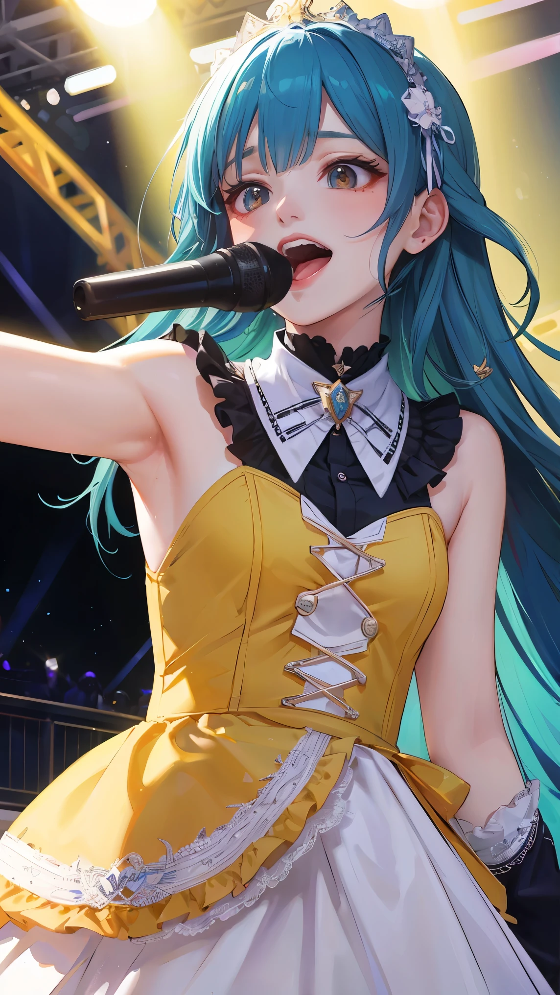 Very cute and beautiful K-POP female idols, Sing on the Gondola Live Stage,
break,
Face close-up, Singing scene, Dress scene, Looking at the audience, crowd、
break,
Idols depicted in vibrant colors, Colorful idol dresses, Expressing the singing voice of an idol with warm colors