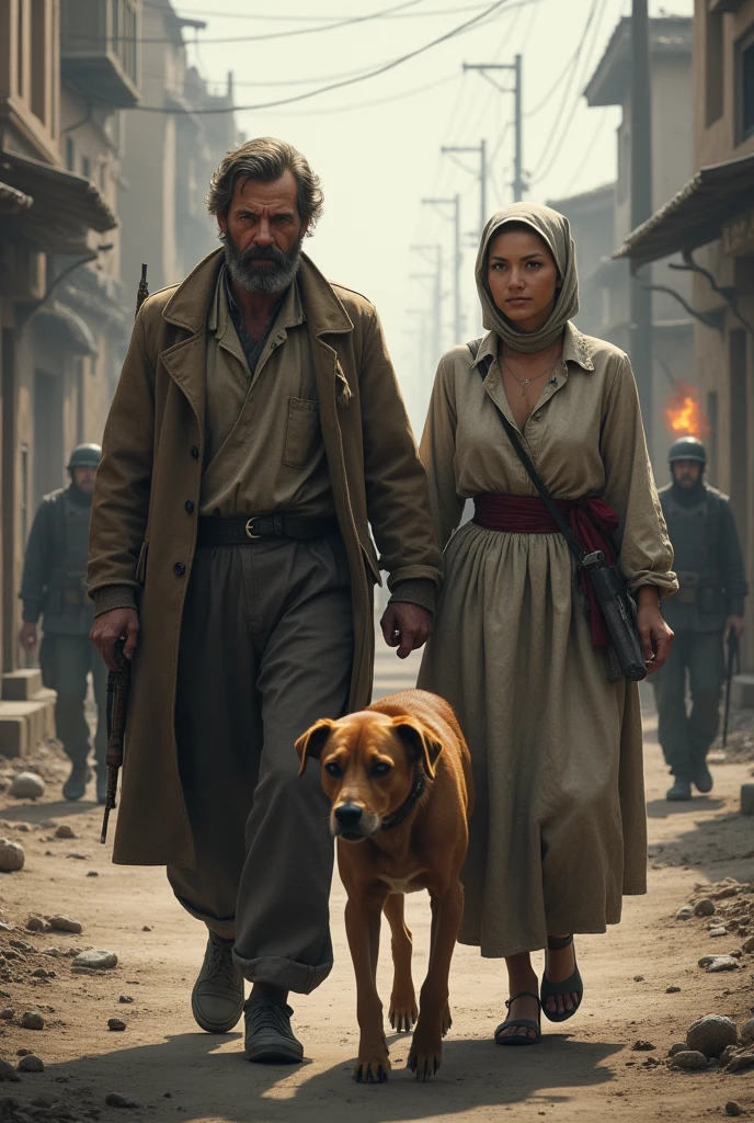 A peasant gentleman , A peasant lady and a dog walking back to back In a small town that is under armed violence