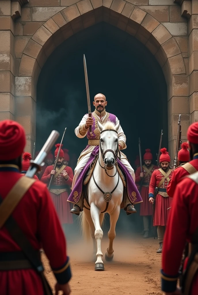 18th century Tipu Sultan of Mysore with bald head clean shaven head and face with imperial moustache wearing a silky thin violet flower designed coat and white gown holding a turkish arched steel sword on right hand riding a white horse surrounded by his soldiers with red turbans and ash violet woollen coats emerging from a 8 feet dark stone arched Indian tunnel charging towards the British soldiers in red uniform who are targeting and firing with muskets in cinematic UHD landscape resolution
