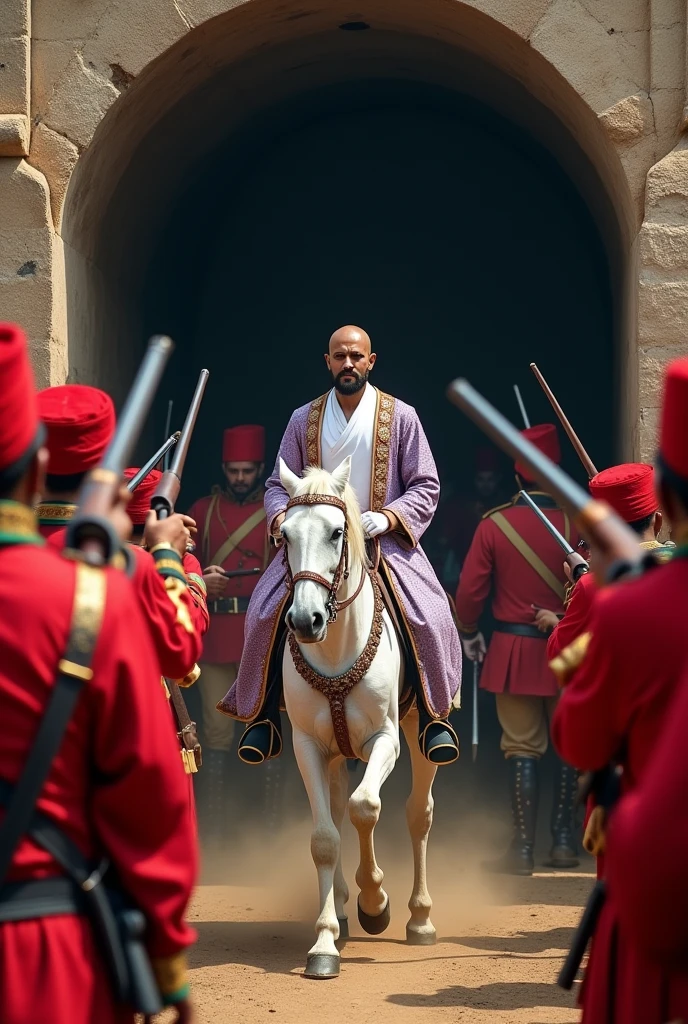 18th century Tipu Sultan of Mysore with bald head clean shaven head and face with imperial moustache wearing a silky thin violet flower designed coat and white gown holding a turkish arched steel sword on right hand riding a white horse surrounded by his soldiers with red turbans and ash violet woollen coats emerging from a 8 feet dark stone arched Indian tunnel charging towards the British soldiers in red uniform who are targeting and firing with muskets in cinematic UHD landscape resolution