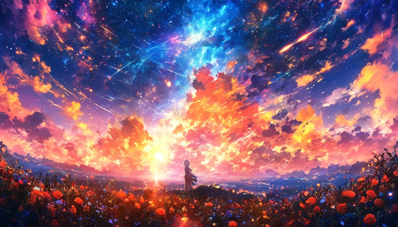 masterpiece, Concept Art, Panorama, in the center, shape, Wide Shot, garden, night, (meteor), Space galaxy background, (Great composition, Epic Scale), Dynamic Lighting, Bright colors, Blue rose,Landscape Long Eyelashes, Round eyes, Silver Hair, Half-closed eyes, sad, Cast a Shadow, Anaglyph, Stereogram, tachi-e, Atmospheric perspective, Wide Shot, reflected light, 8k, Super Detail, Highest quality, Anatomically correct