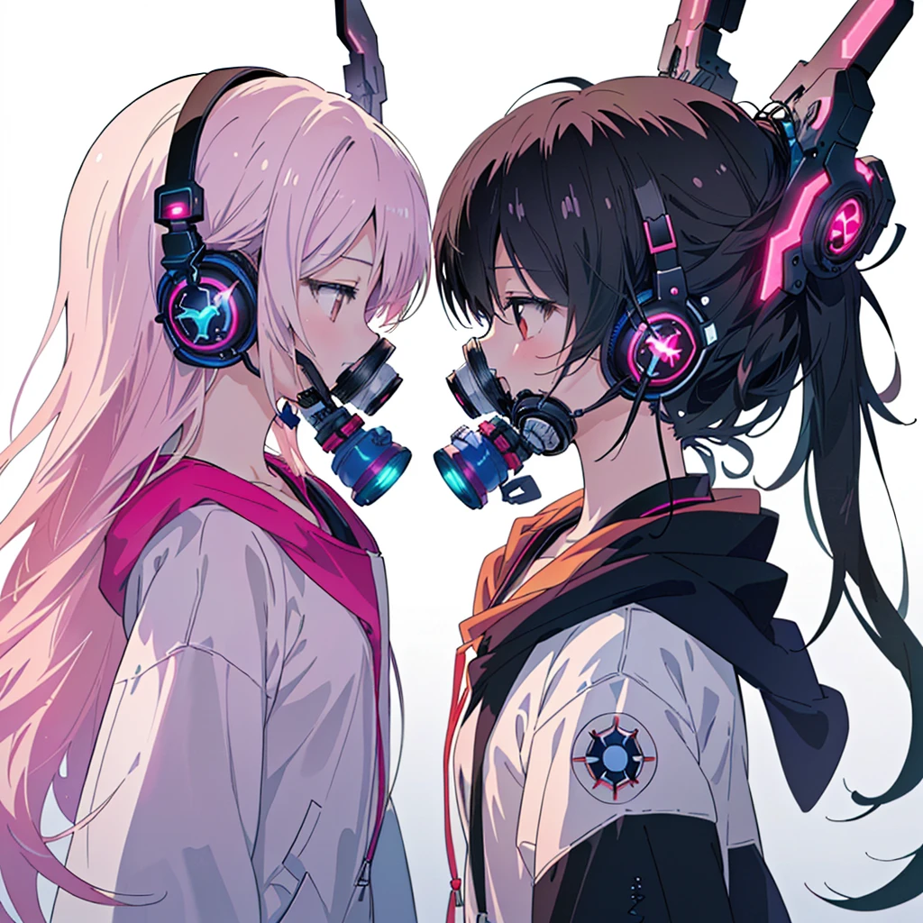 One girl,(((Highest quality、masterpiece、Official Art、Very detailed、Anime Style、Best dynamic composition、profile、Perfect Anatomy)))、 Headphones, hoodie, Vibrant colors, neon, White Background、gas mask、
