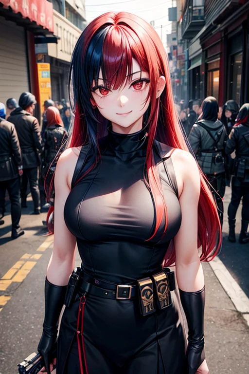 black eye.smile, Inner Color, Hide your ears, Long Hair, chest, Redhead, ,cute,Rifles,Aiming red eyes, Bob Hair, Navy Blue Hair, 大きなchest, Portraits, cute.Black Ninja Uniform,knife,Cut and run　Two people　female　Highway at night