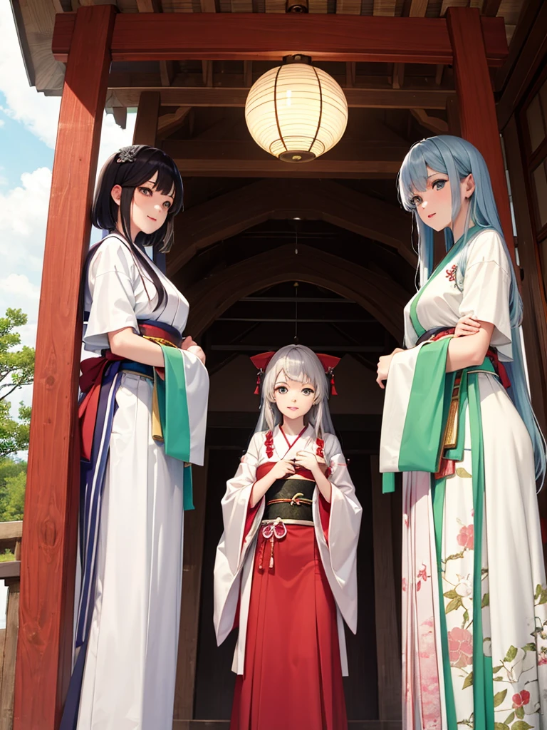 Two beautiful girls、Shrine maiden、Shrine maiden服、Kagura dance、dedication、shrine、Silver Hair、Jade green eyes