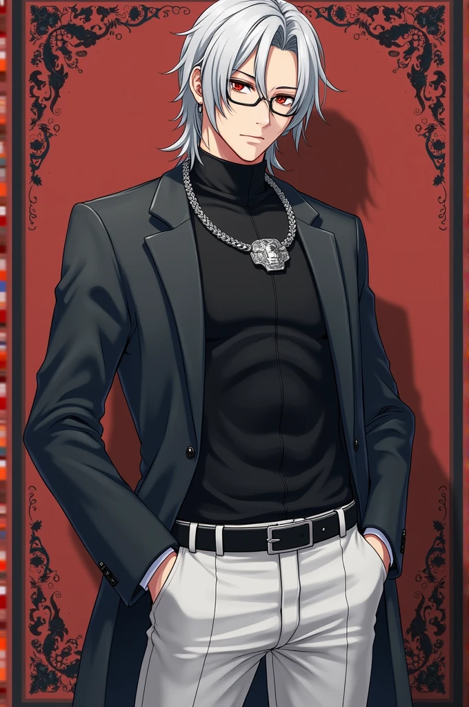 Center-parted gray hair(Silver Hair)、Glasses、Red eyes、Black high neck、A whistle around the neck、White trousers、Black Belt、Charismatic。Age 25、handsome man