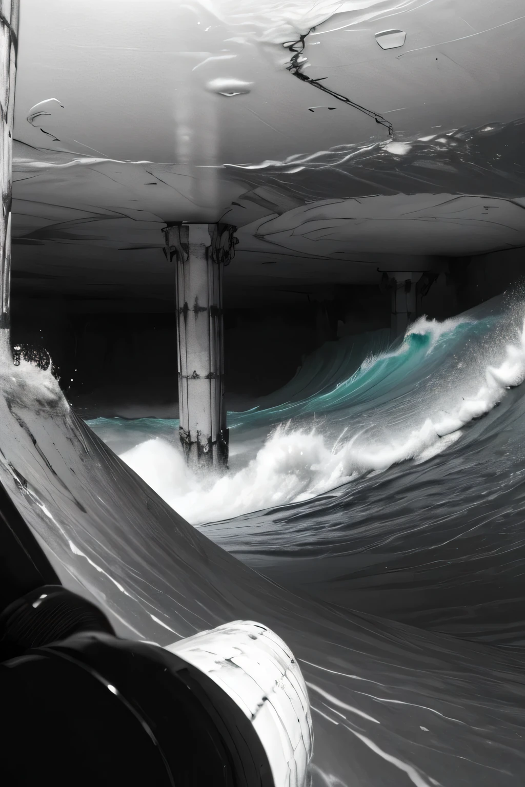 man looking at an endless underground ocean full of pillars extending all the way to the darkness, strong waves clash against the base of the pillars, black and white