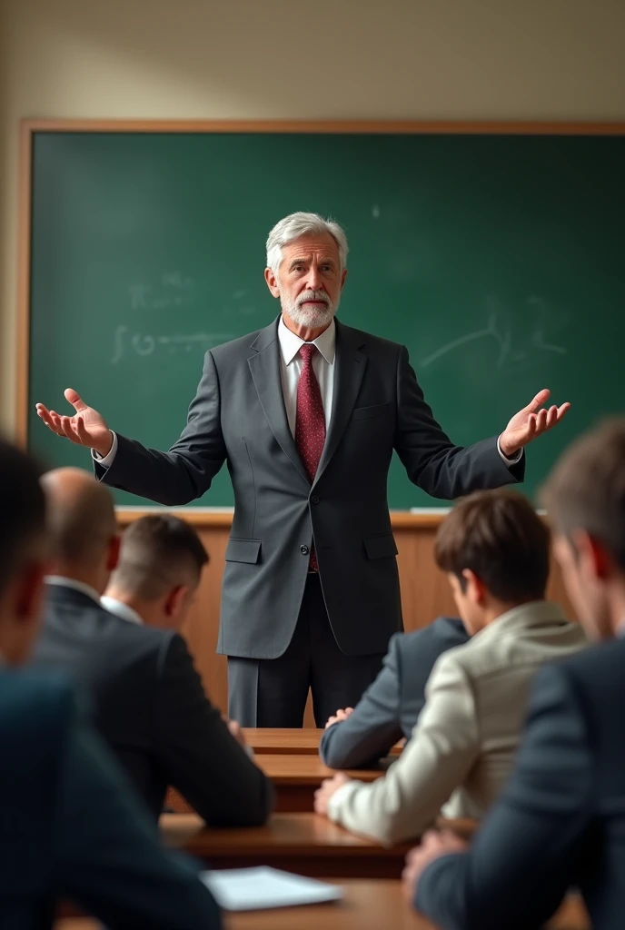 *A 35-year-old professor with a stern demeanor, he stands in front of a classroom of students. He wears a formal suit and exudes a sense of authority. He is clearly knowledgeable about his field, but also carries an air of slight boredom, as if he knows just enough to get by in his profession. The classroom is filled with students taking notes, some looking bored while others are engaged in his lecture*